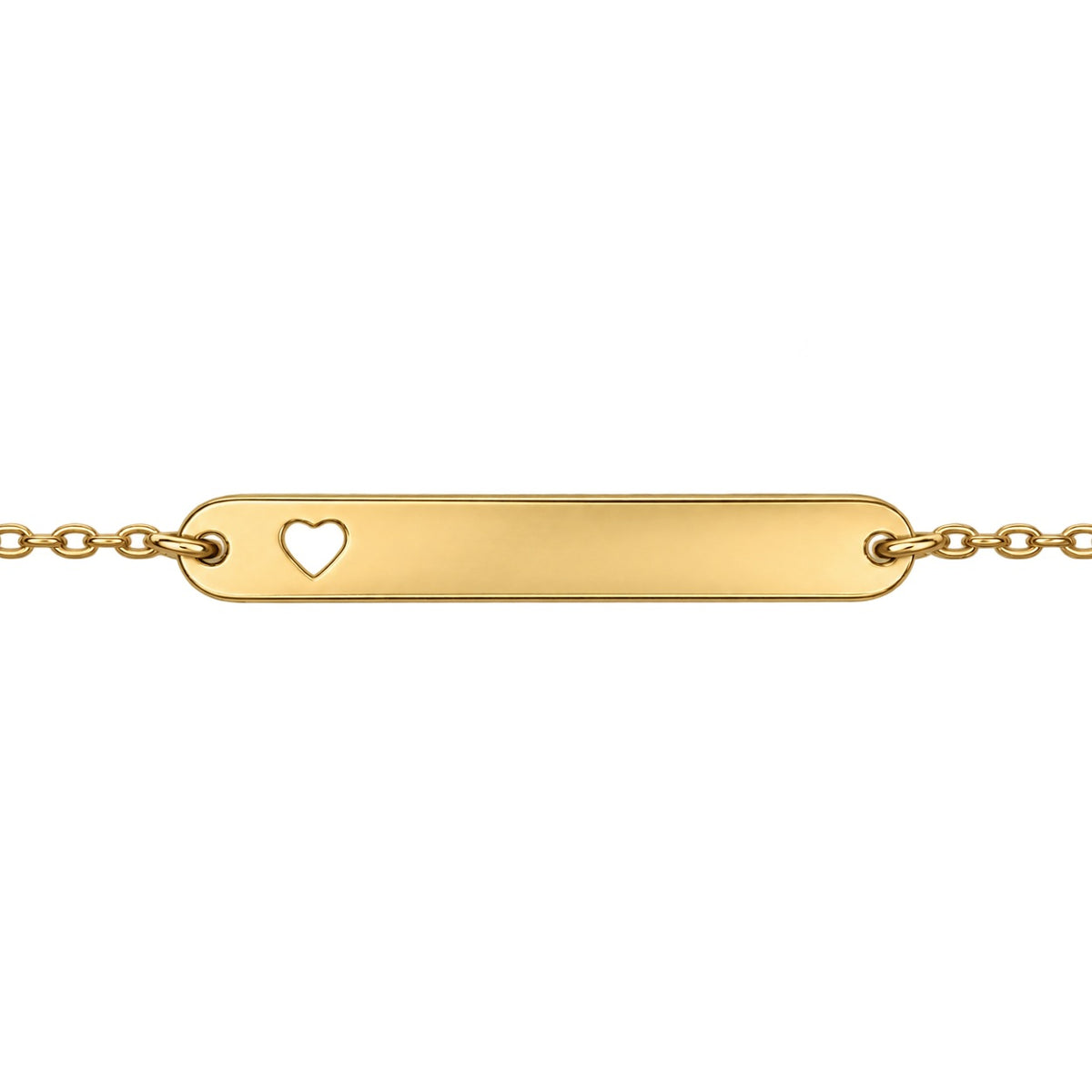 Gold heart-cutout bracelet closeup with a blank engraving plate.