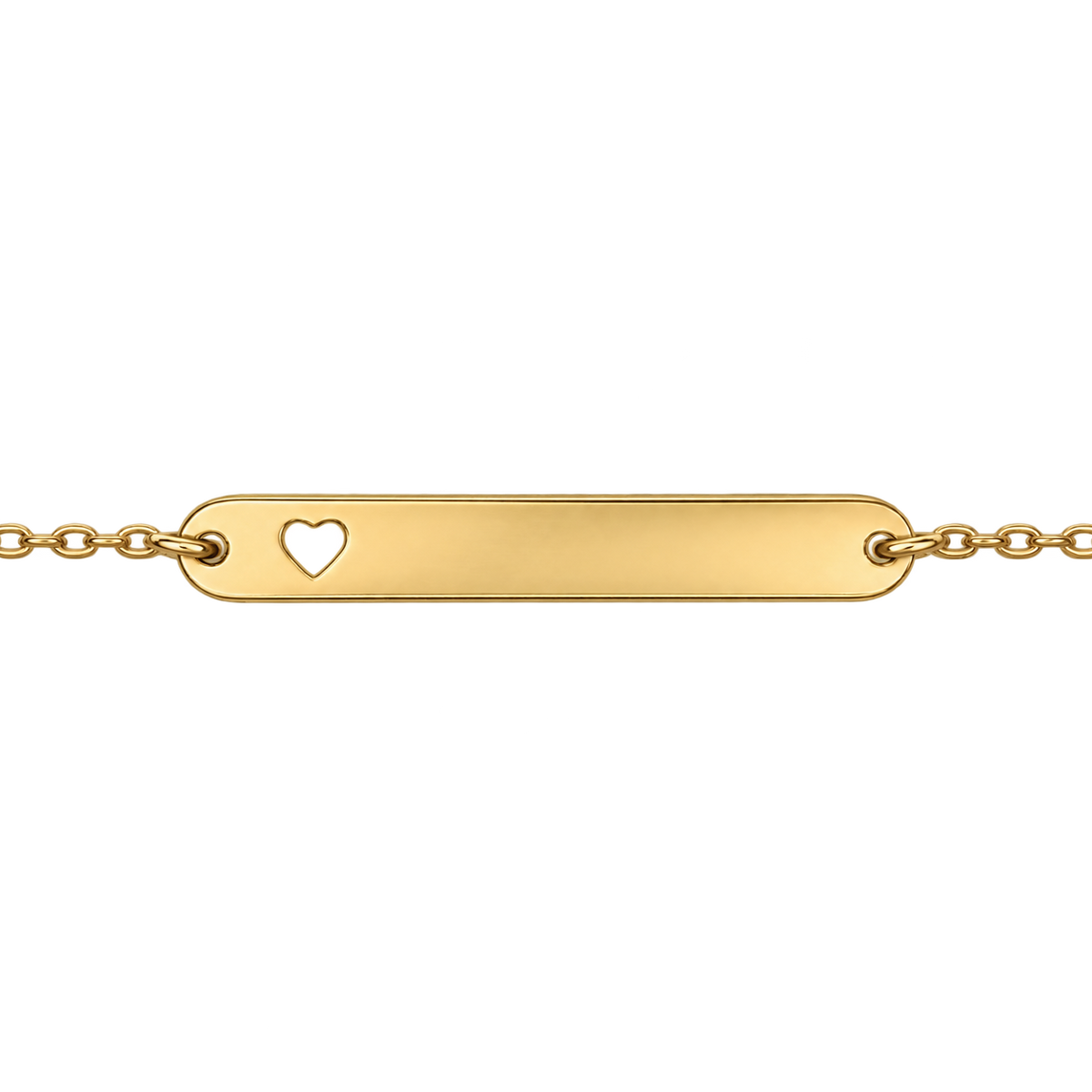 Gold heart-cutout bracelet closeup with a blank engraving plate.
