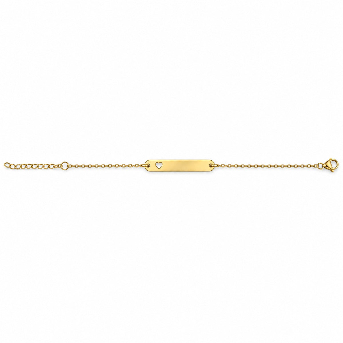 Complete gold heart-cutout bracelet laid open horizontally on a white background, with clasp and end hardware visible.