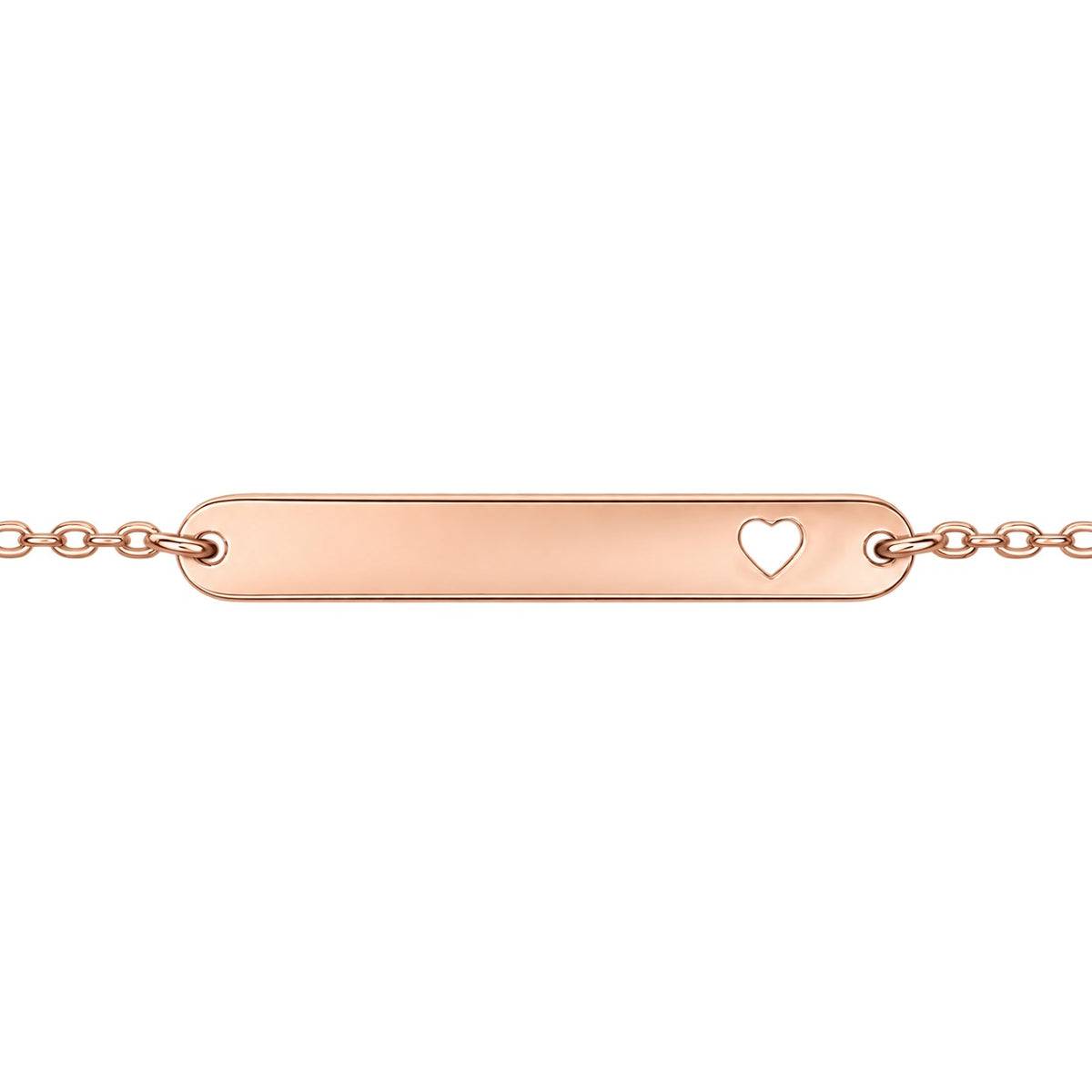 Rose Gold heart-cutout bracelet closeup with a blank engraving plate.