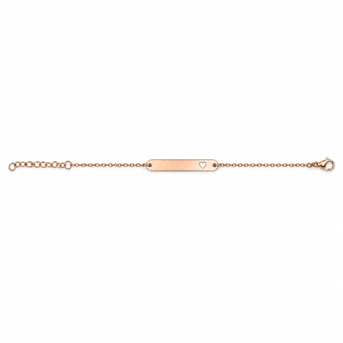 Complete rose gold heart-cutout bracelet laid open horizontally on a white background, with clasp and end hardware visible.