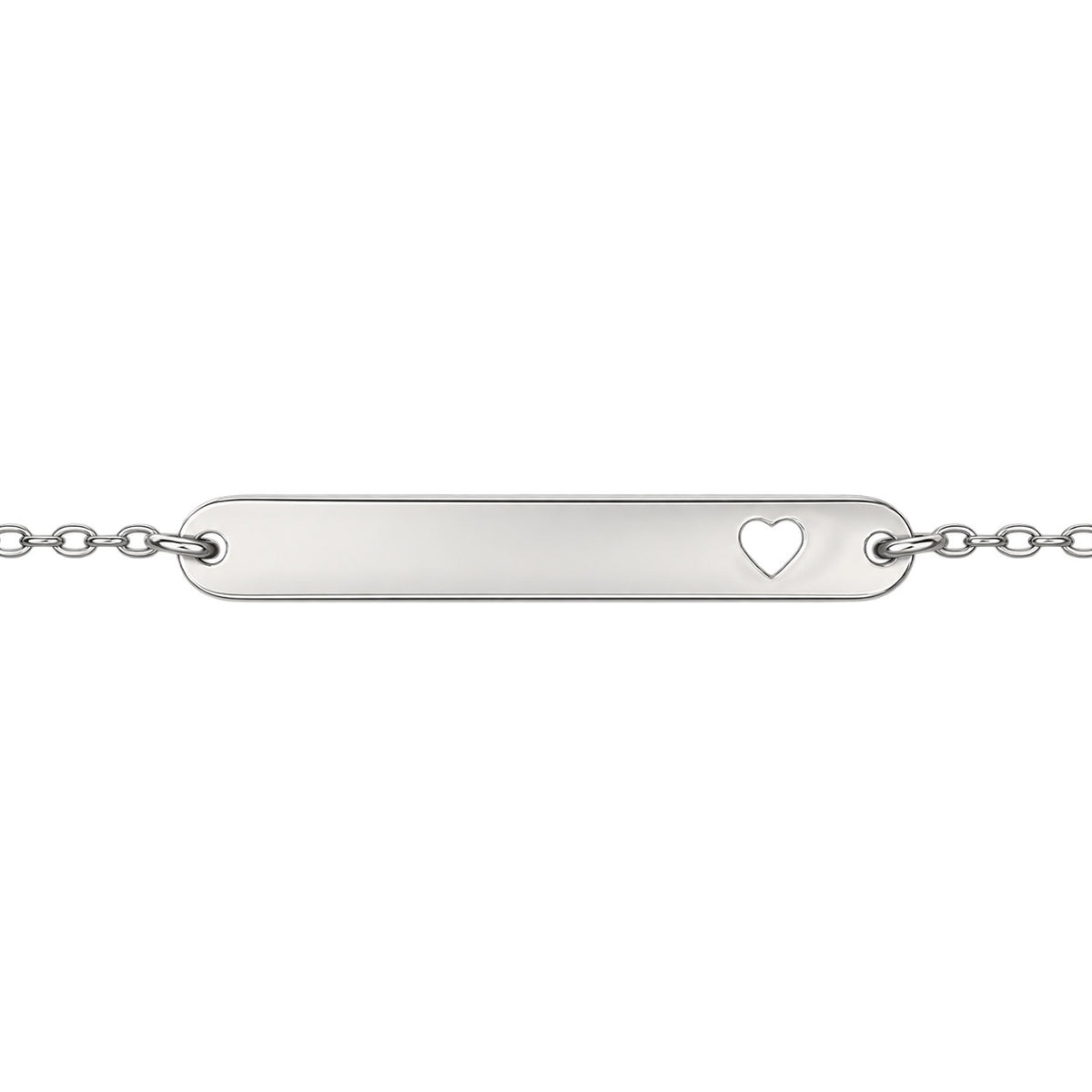 Silver heart-cutout bracelet closeup with a blank engraving plate.