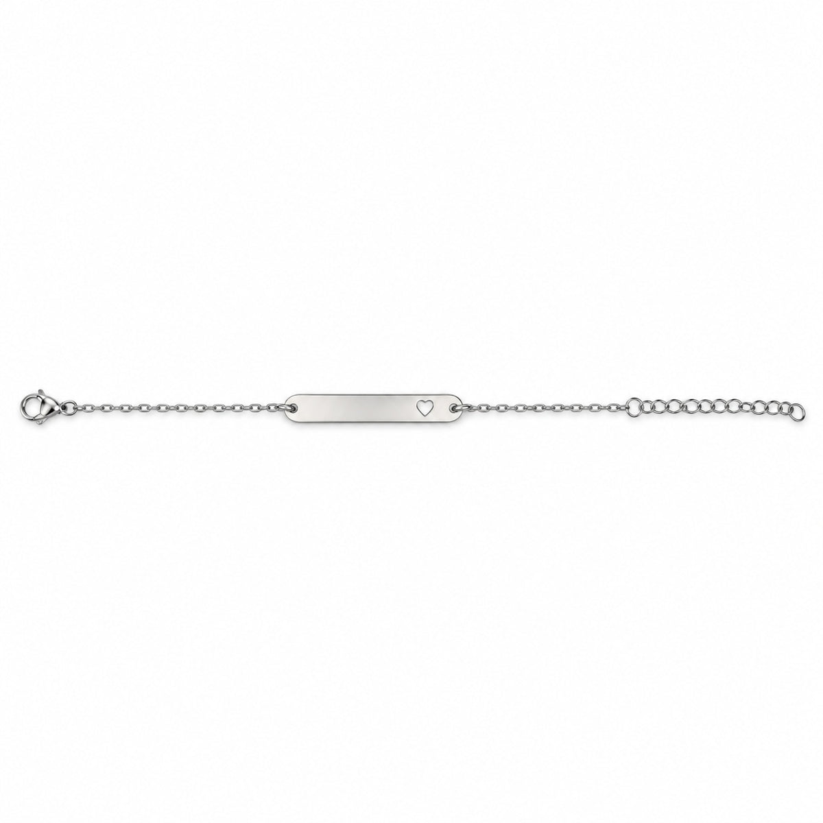 Complete silver heart-cutout bracelet laid open horizontally on a white background, with clasp and end hardware visible.