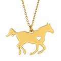 Gold Horse Necklace, right-facing horse with heart cutout. Blank rear body for engraving preview.