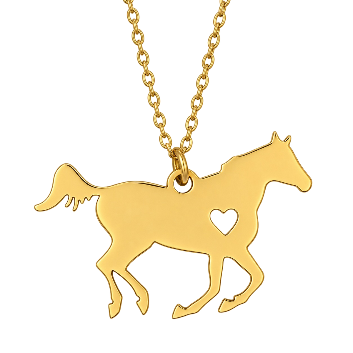 Gold Horse Necklace, right-facing horse with heart cutout. Blank rear body for engraving preview.