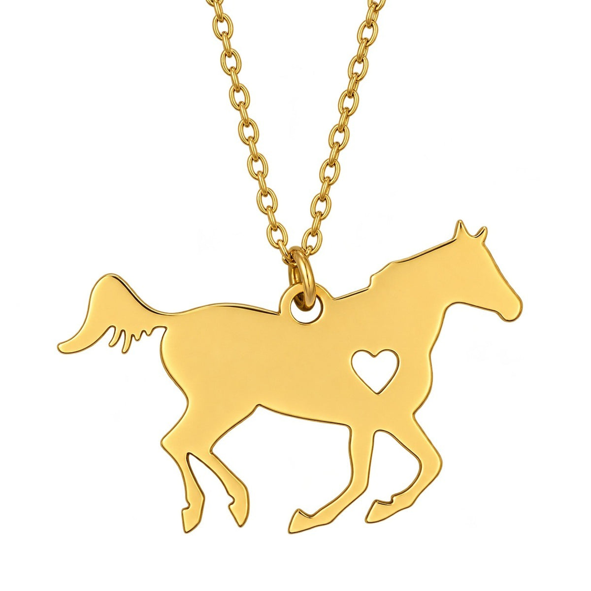 Gold Horse Necklace pendant detail with heart cutout.