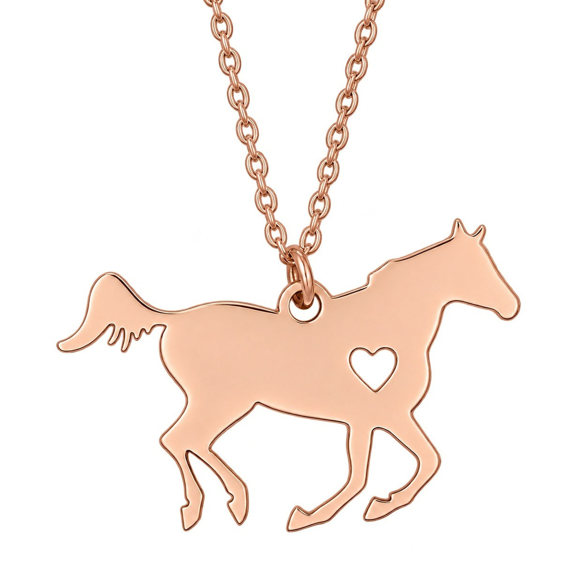 Rose Gold Horse Necklace pendant detail with heart cutout.