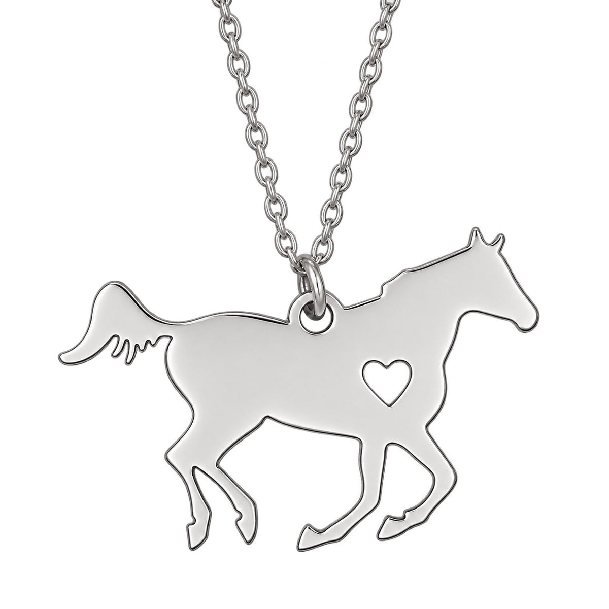 Silver Horse Necklace pendant detail with heart cutout.