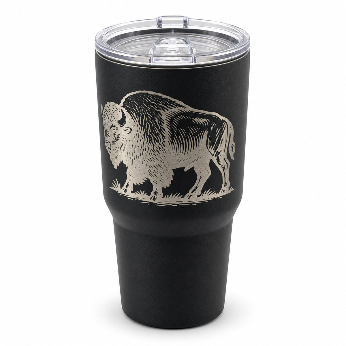 Black 30oz MakerFlo tumbler engraved with the Buffalo design, white background
