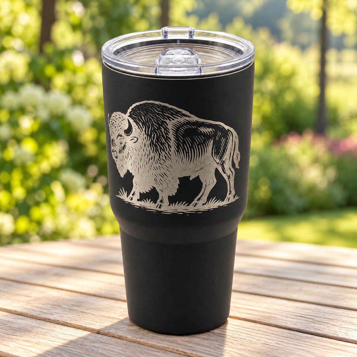 Black 30oz MakerFlo tumbler engraved with the Buffalo design, outdoors