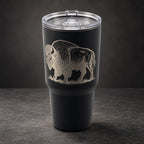 Black 30oz MakerFlo tumbler engraved with the Buffalo design, studio lighting