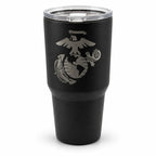 Black 30oz MakerFlo tumbler engraved with the Marines Emblem design, white background