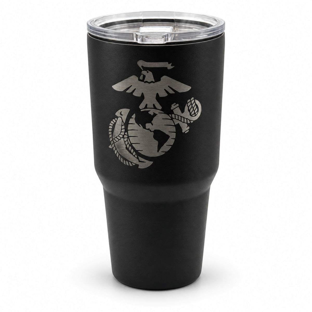 Black 30oz MakerFlo tumbler engraved with the Marines Emblem design, white background