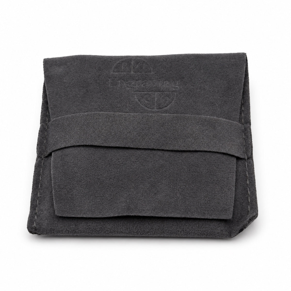 Angled view of the closed ROCO-branded necklace pouch.