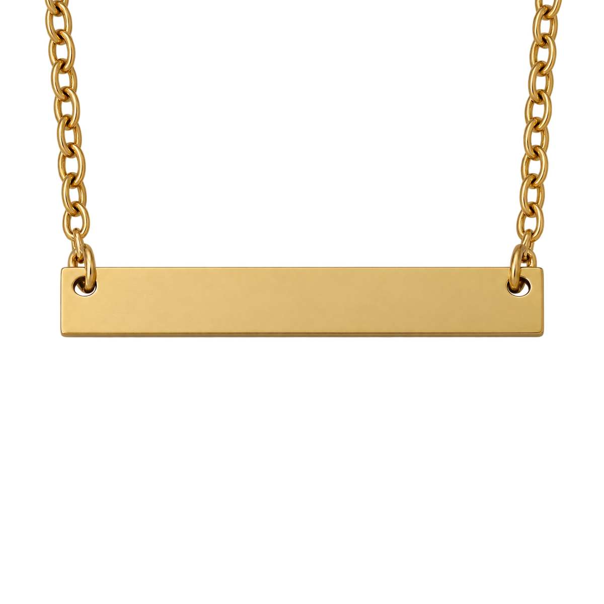 Gold-tone stainless steel horizontal bar necklace with a blank face before personalization