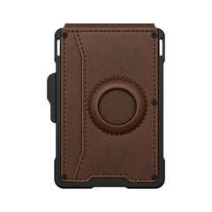 Dark brown wallet back with a stitched circular holder, curved pocket seam and black frame on a white background.