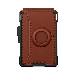 Light brown wallet back with a stitched circular holder, curved pocket seam and black frame on a white background.