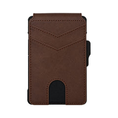 Dark brown wallet front with two stitched card pockets and a lower thumb-access notch on a white background.