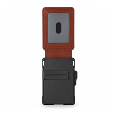Light brown wallet open interior with ID window and black card-holder clip on a white background.