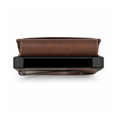 Dark brown wallet top opening showing the empty card compartment and folded cover on a white background.
