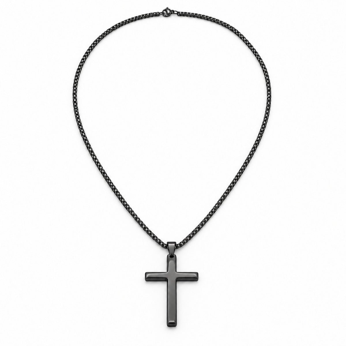 Black Rounded Cross Necklace — Fine Chain, full chain and pendant view. Gallery photo only.