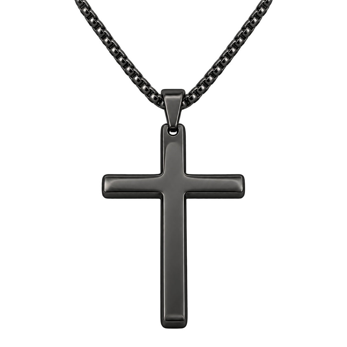 Black Rounded Cross Necklace — Fine Chain, blank pendant close-up. Gallery photo only.