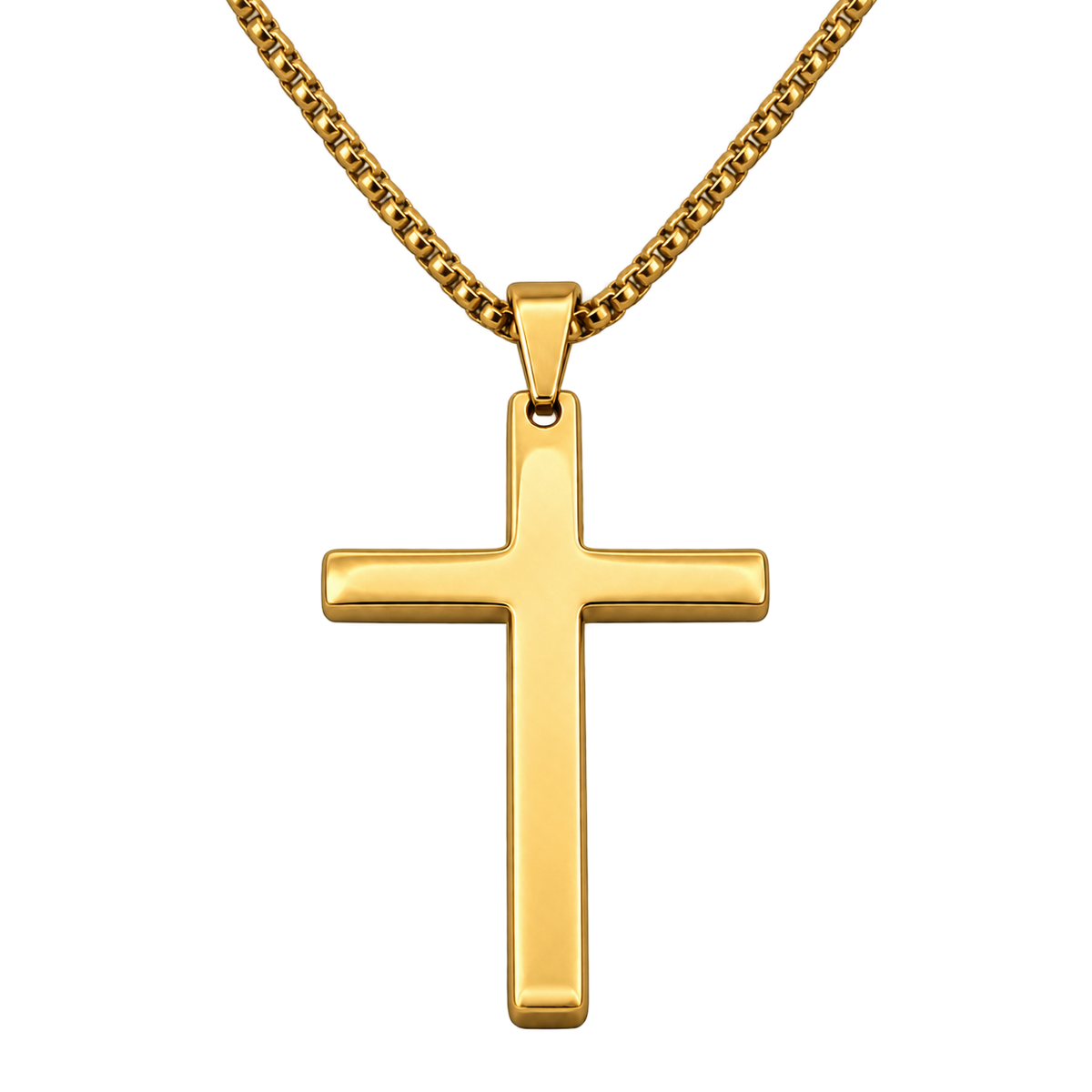 Gold Rounded Cross Necklace — Fine Chain, blank front-photo reference for an illustrative engraving preview, not photographed engraving.
