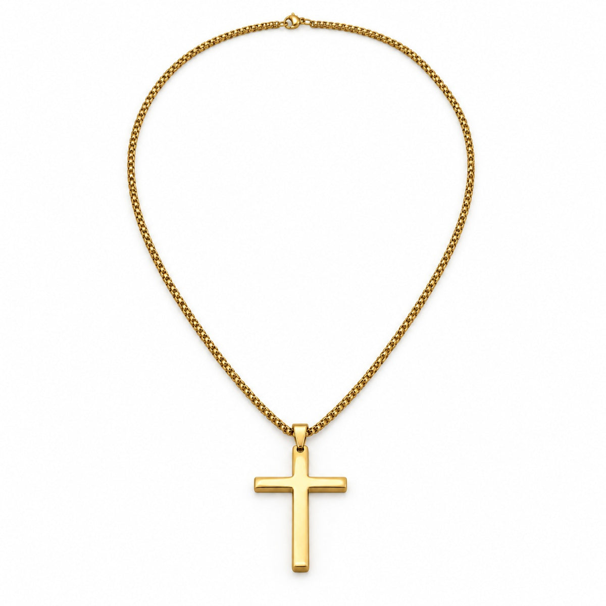 Gold Rounded Cross Necklace — Fine Chain, full chain and pendant view. Gallery photo only.