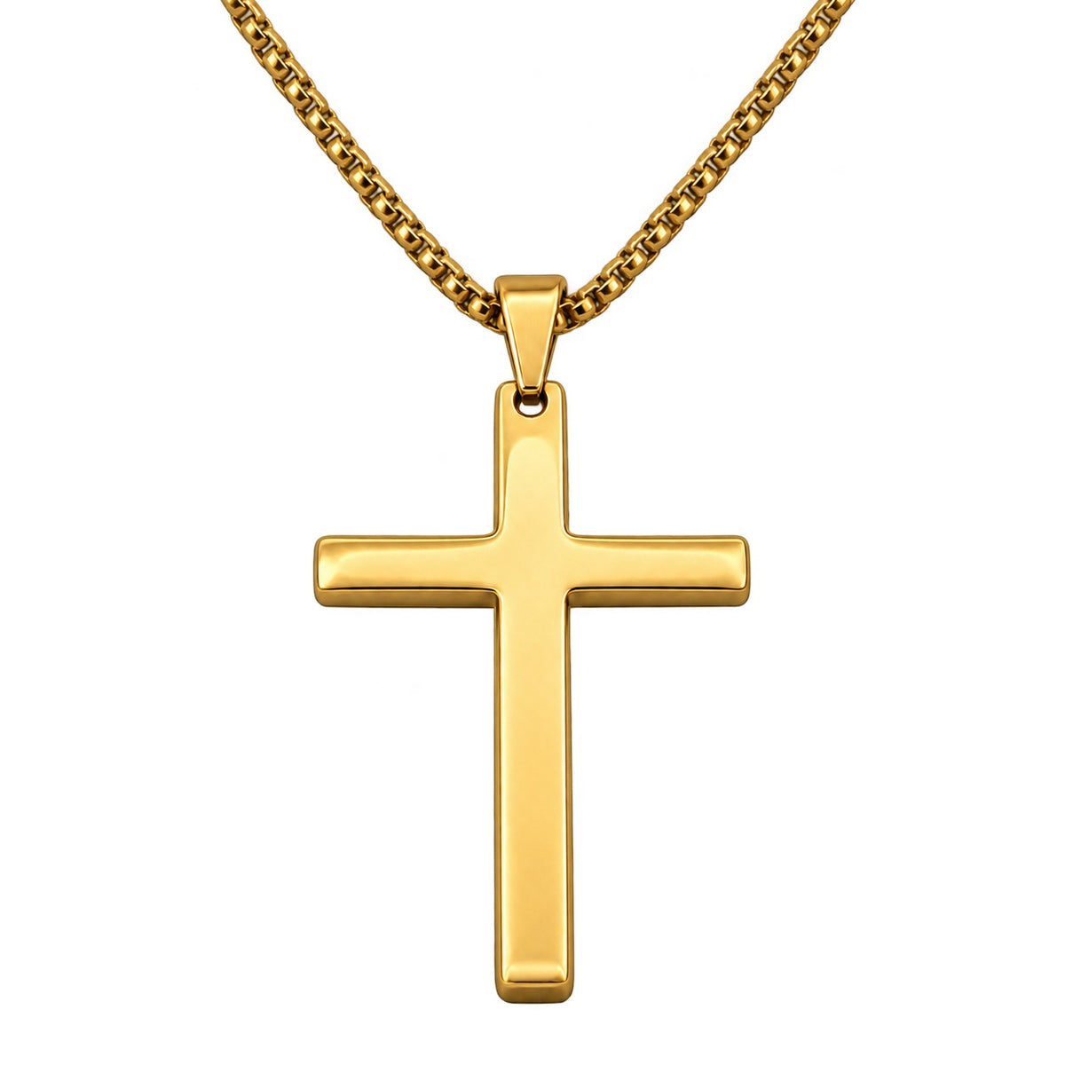 Gold Rounded Cross Necklace — Fine Chain, blank pendant close-up. Gallery photo only.