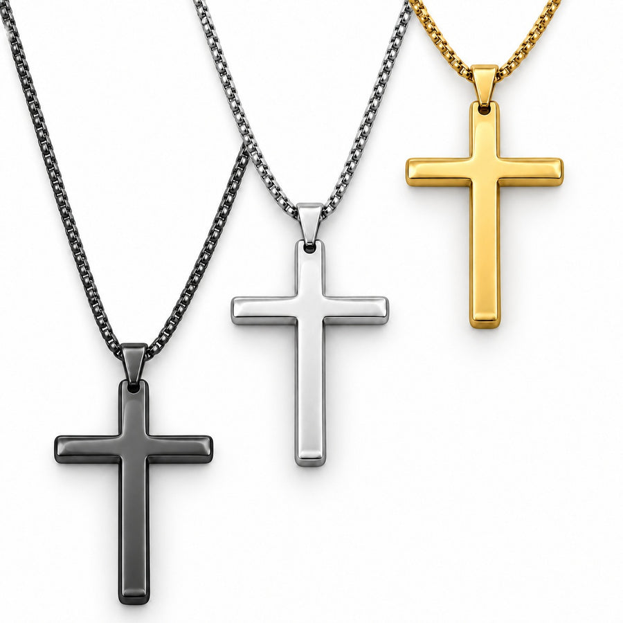 Gold, Silver and Black Rounded Cross Necklace — Fine Chain finishes. Includes one necklace with a ROCO pouch, not three necklaces.