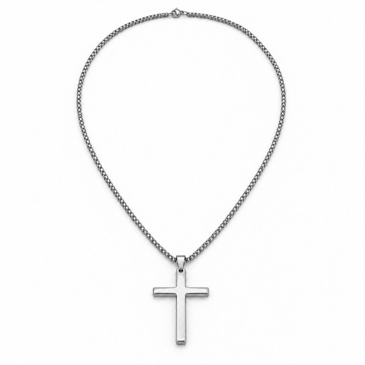 Silver Rounded Cross Necklace — Fine Chain, full chain and pendant view. Gallery photo only.