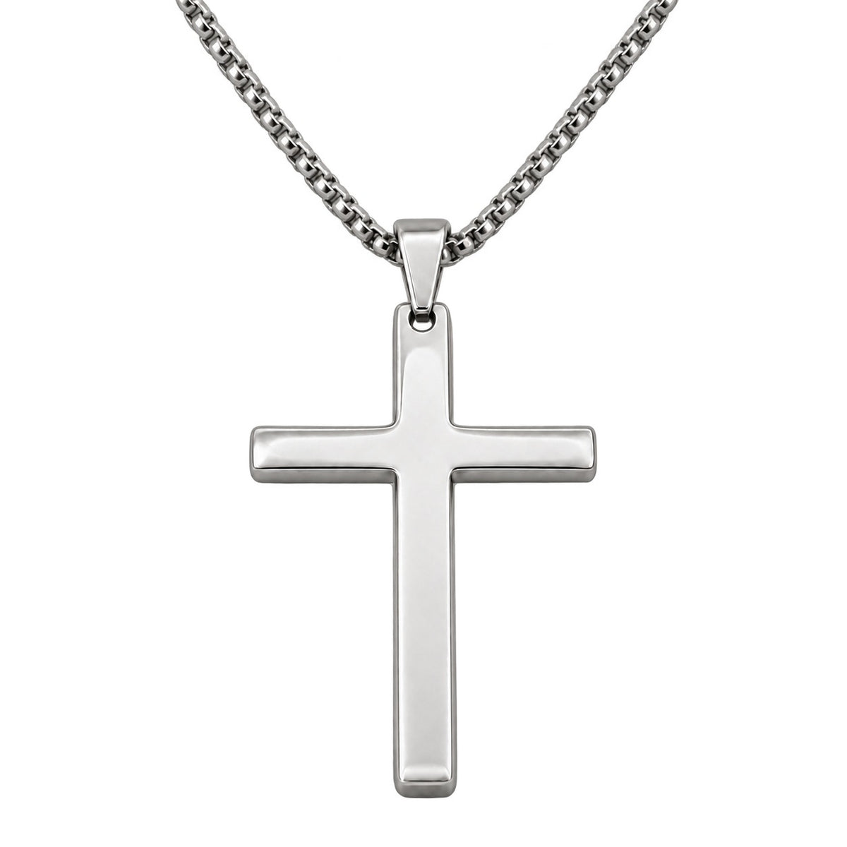 Silver Rounded Cross Necklace — Fine Chain, blank pendant close-up. Gallery photo only.