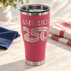 America250 HOGG 30oz Modern Curve engraved tumbler — america 250 pink — 03 tabletop lifestyle