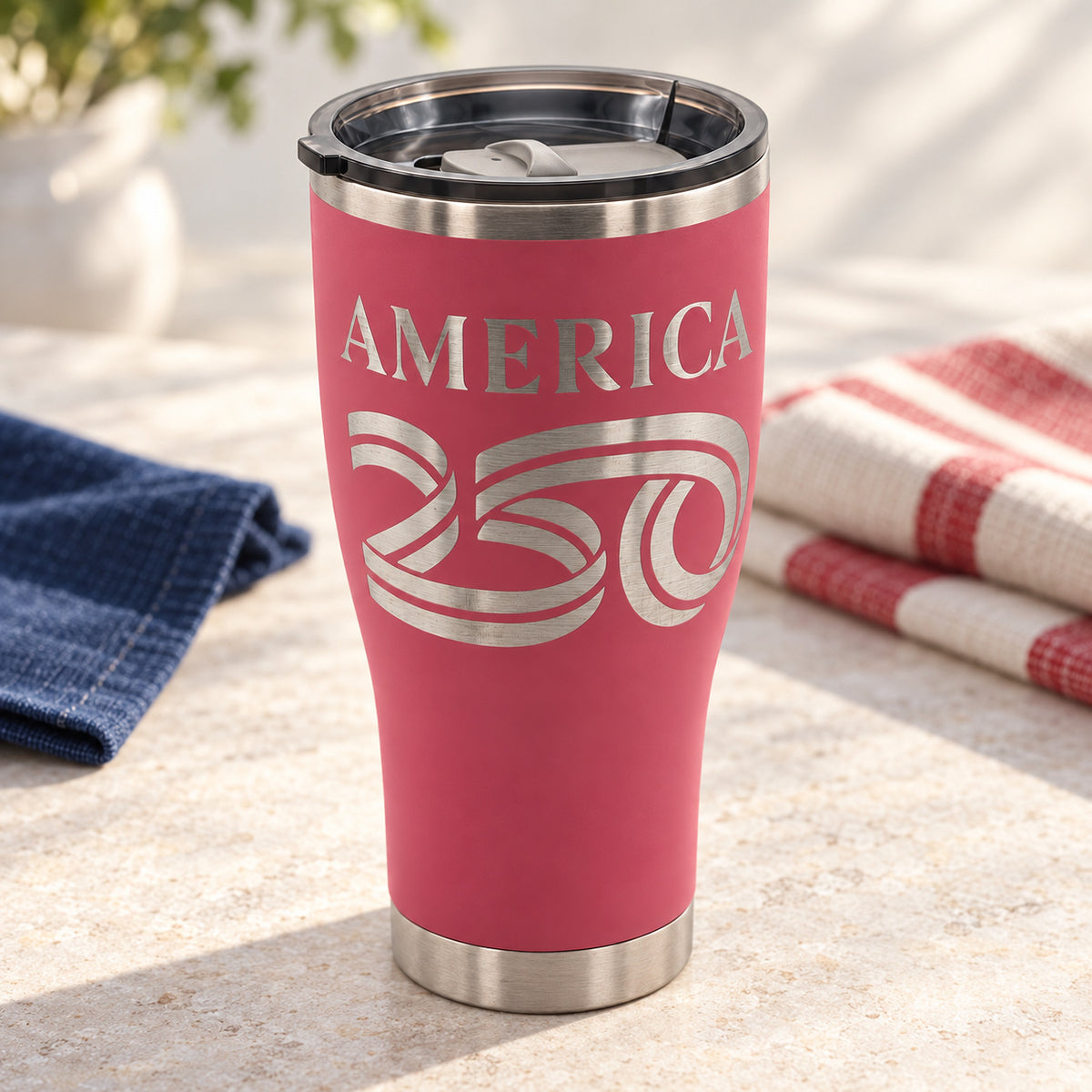 America250 HOGG 30oz Modern Curve engraved tumbler — america 250 pink — 03 tabletop lifestyle