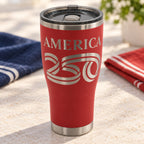 America250 HOGG 30oz Modern Curve engraved tumbler — america 250 red — 03 tabletop lifestyle