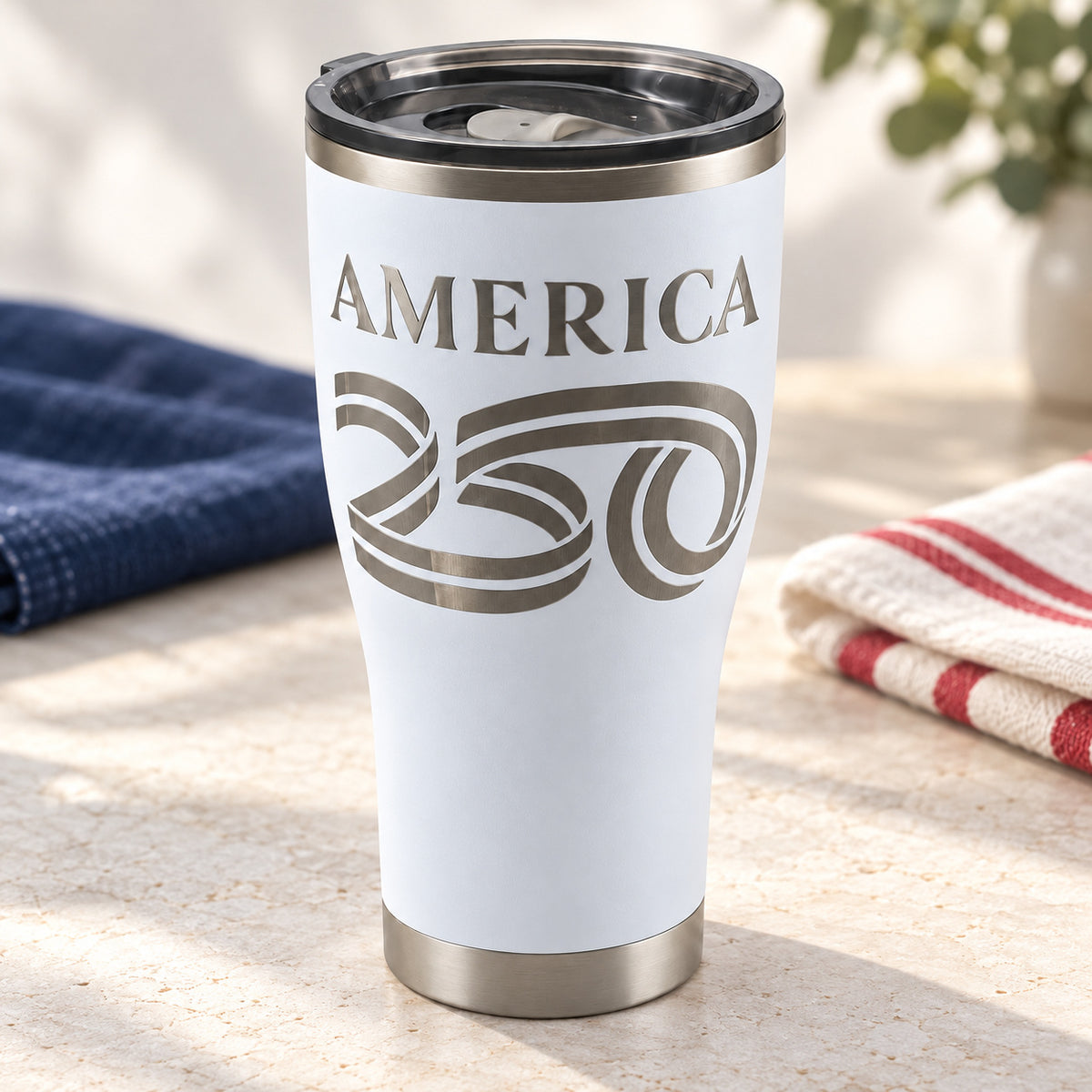 America250 HOGG 30oz Modern Curve engraved tumbler — america 250 white — 03 tabletop lifestyle