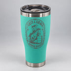 Teal 30oz HOGG Modern Curve tumbler engraved with the Grit & Grace design, studio close-up of the engraving