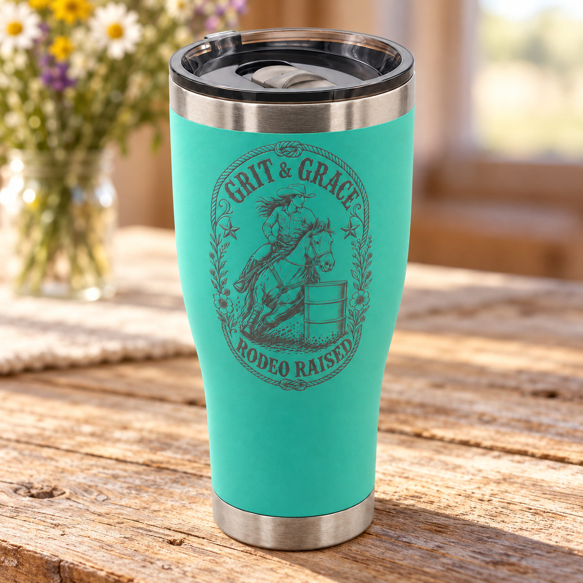 Teal 30oz HOGG Modern Curve tumbler engraved with the Grit & Grace design, on a tabletop