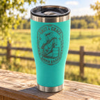 Teal 30oz HOGG Modern Curve tumbler engraved with the Grit & Grace design, outdoors
