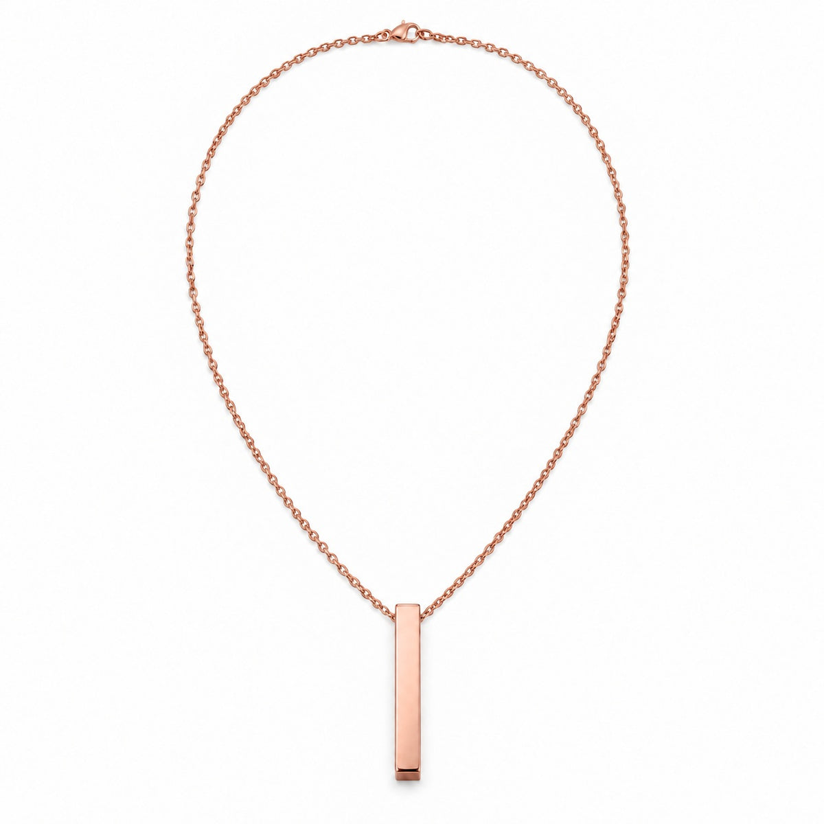 Rose Gold Vertical Bar Necklace full necklace, blank face. Photo-guided retouched reference.