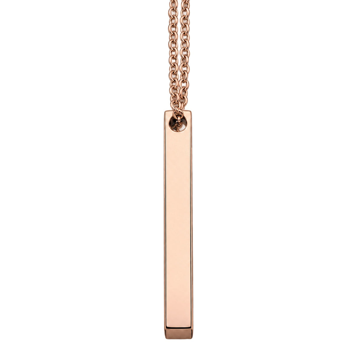 Rose Gold Vertical Bar Necklace side reference, blank face. Photo-guided retouched reference.