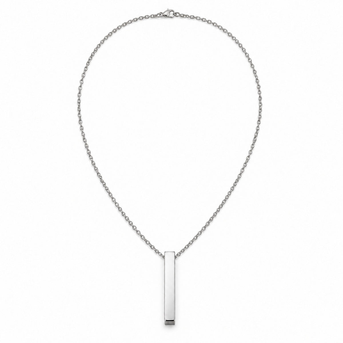 Silver Vertical Bar Necklace full necklace, blank face. Photo-guided retouched reference.